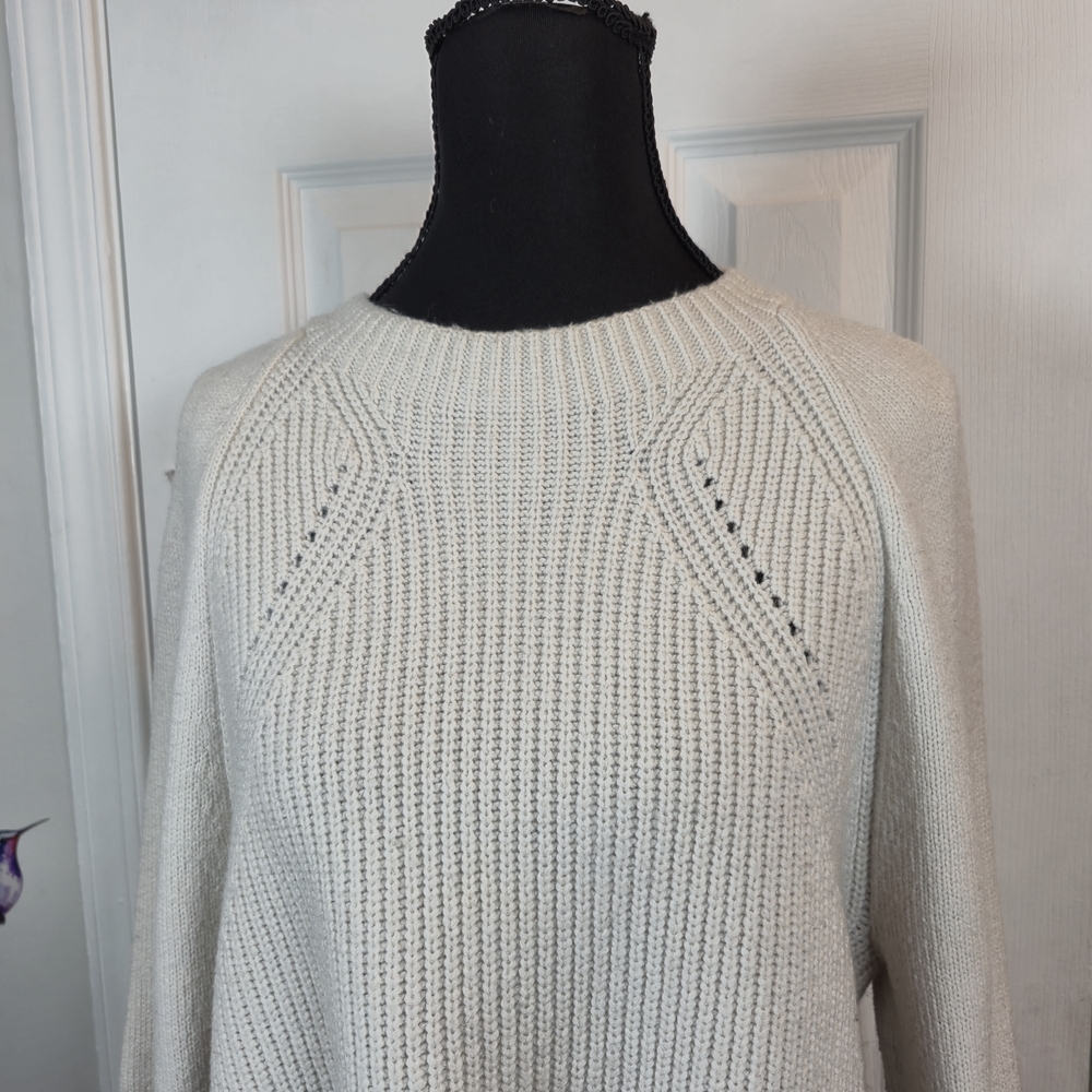 LOFT Alpaca Wool Blend Ribbed Pointelle Raglan Knit Sweater Cream Large - Picture 4 of 7